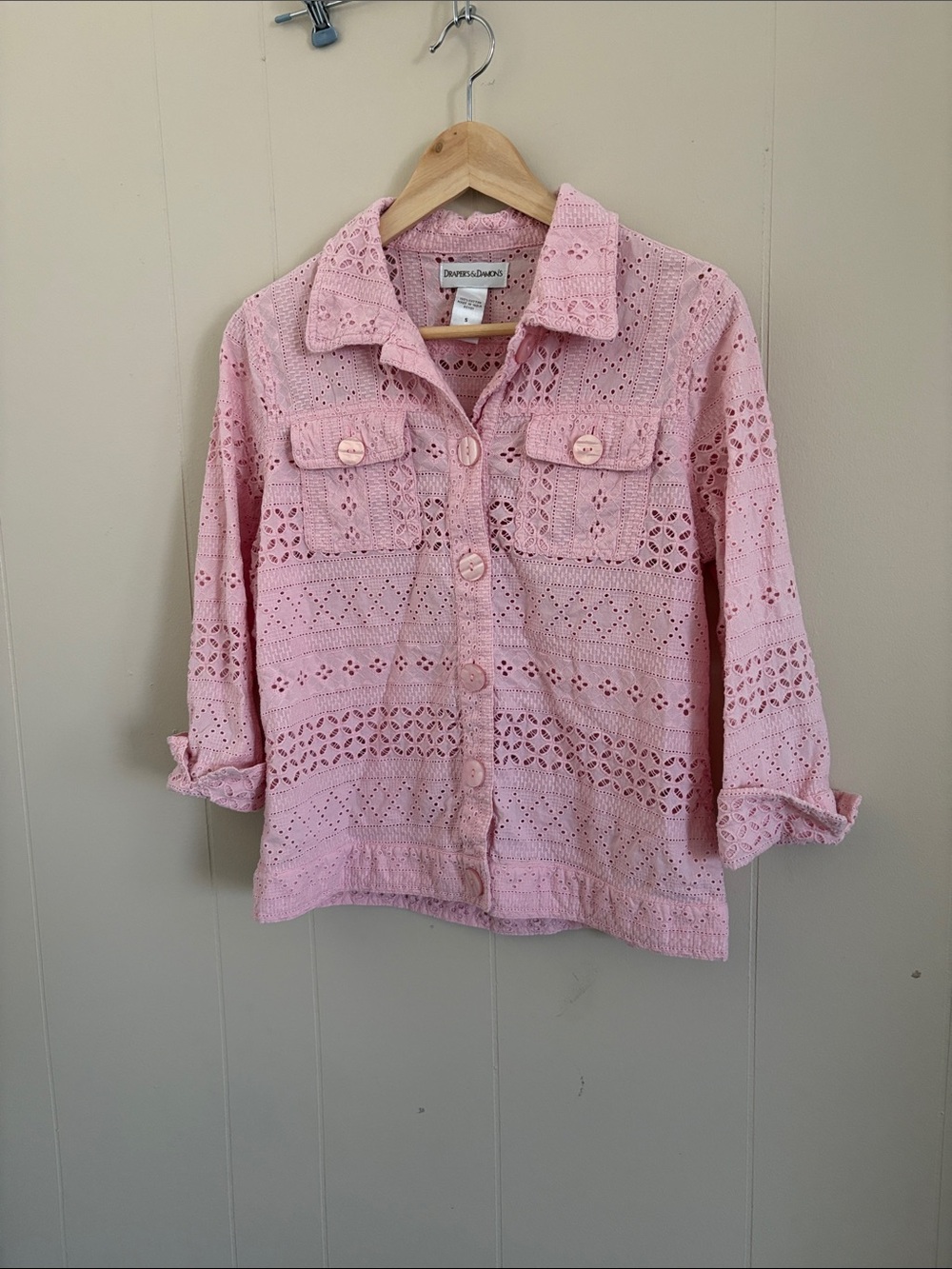 Drapers & Damon’s Pink Eyelet Crochet Jacket with 3/4 sleeves